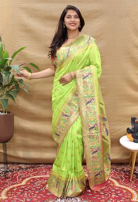 Lime green paithani silk blend saree with peacock floral border & rani pink blouse 1