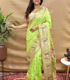 Lime green paithani silk blend saree with peacock floral border & rani pink blouse