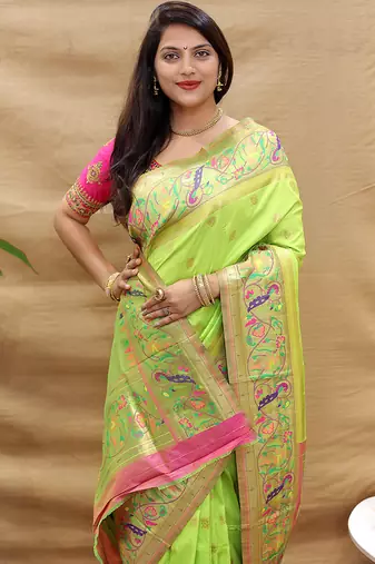 Lime green paithani silk blend saree with peacock floral border & rani pink blouse