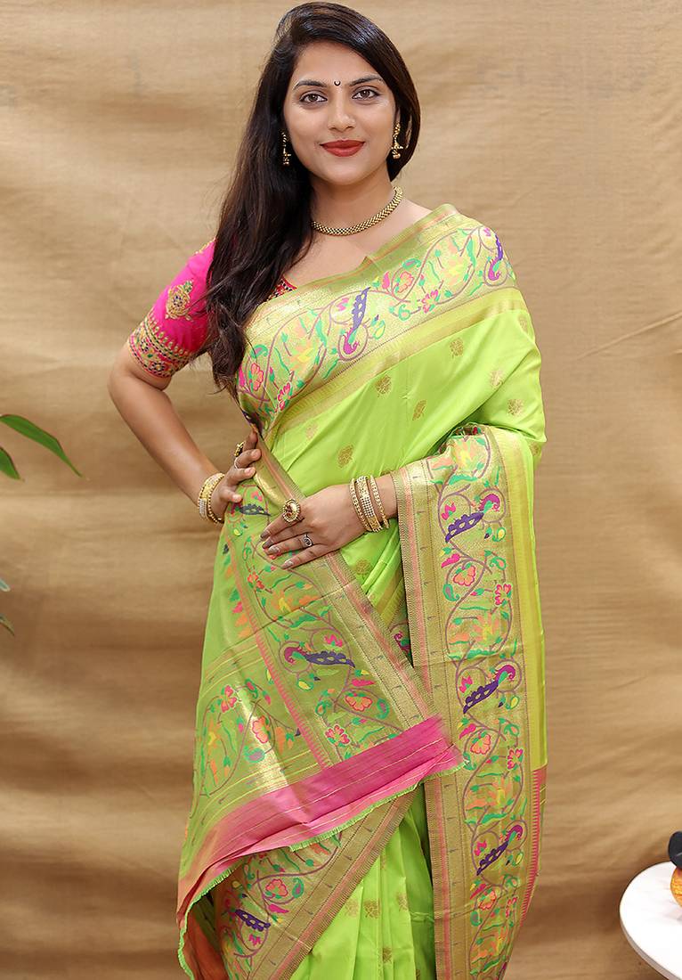 Lime green paithani silk blend saree with peacock floral border & rani pink blouse