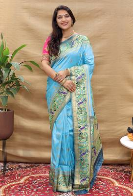 Peach paithani silk blend saree with peacock floral border & rani pink blouse 1