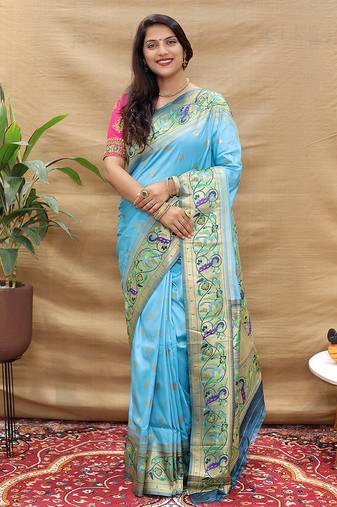 Peach paithani silk blend saree with peacock floral border & rani pink blouse