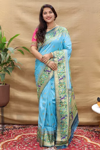 Peach paithani silk blend saree with peacock floral border & rani pink blouse
