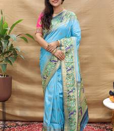 Peach paithani silk blend saree with peacock floral border & rani pink blouse