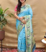 Peach paithani silk blend saree with peacock floral border & rani pink blouse