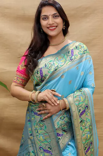 Peach paithani silk blend saree with peacock floral border & rani pink blouse