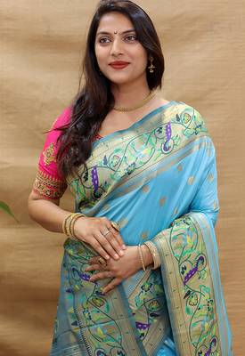 Peach paithani silk blend saree with peacock floral border & rani pink blouse 4