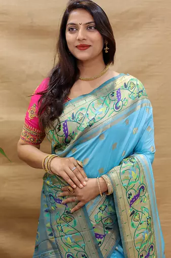 Peach paithani silk blend saree with peacock floral border & rani pink blouse