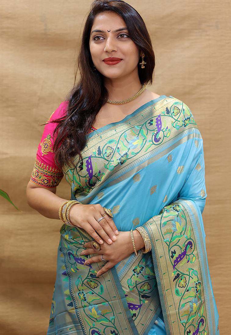 Peach paithani silk blend saree with peacock floral border & rani pink blouse