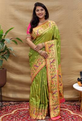 Mehendi green paithani silk blend saree with peacock floral border & rani pink blouse 1