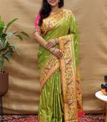 Mehendi green paithani silk blend saree with peacock floral border & rani pink blouse