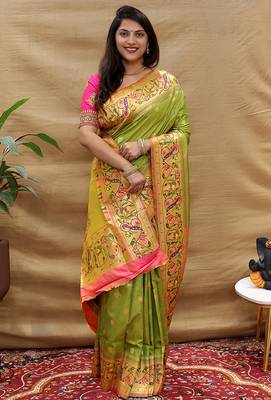 Mehendi green paithani silk blend saree with peacock floral border & rani pink blouse 2