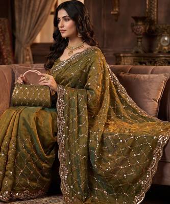 Olive Color Beeds Work Silk Blend Saree 1