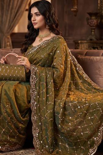 Olive Color Beeds Work Silk Blend Saree