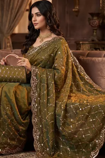 Olive Color Beeds Work Silk Blend Saree