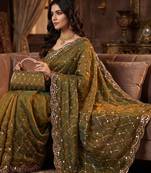 Olive Color Beeds Work Silk Blend Saree