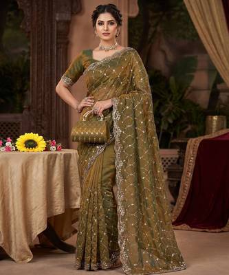 Olive Color Beeds Work Silk Blend Saree 2