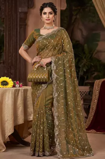 Olive Color Beeds Work Silk Blend Saree