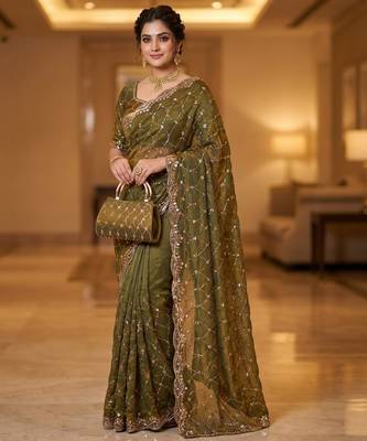 Olive Color Beeds Work Silk Blend Saree 3