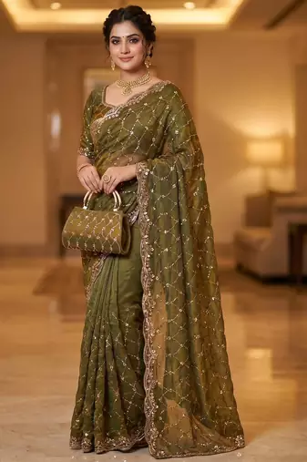 Olive Color Beeds Work Silk Blend Saree