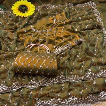 Olive Color Beeds Work Silk Blend Saree 4