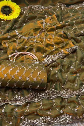 Olive Color Beeds Work Silk Blend Saree