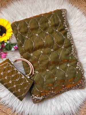 Olive Color Beeds Work Silk Blend Saree 5