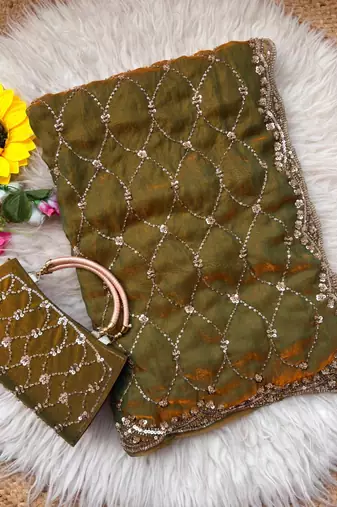 Olive Color Beeds Work Silk Blend Saree