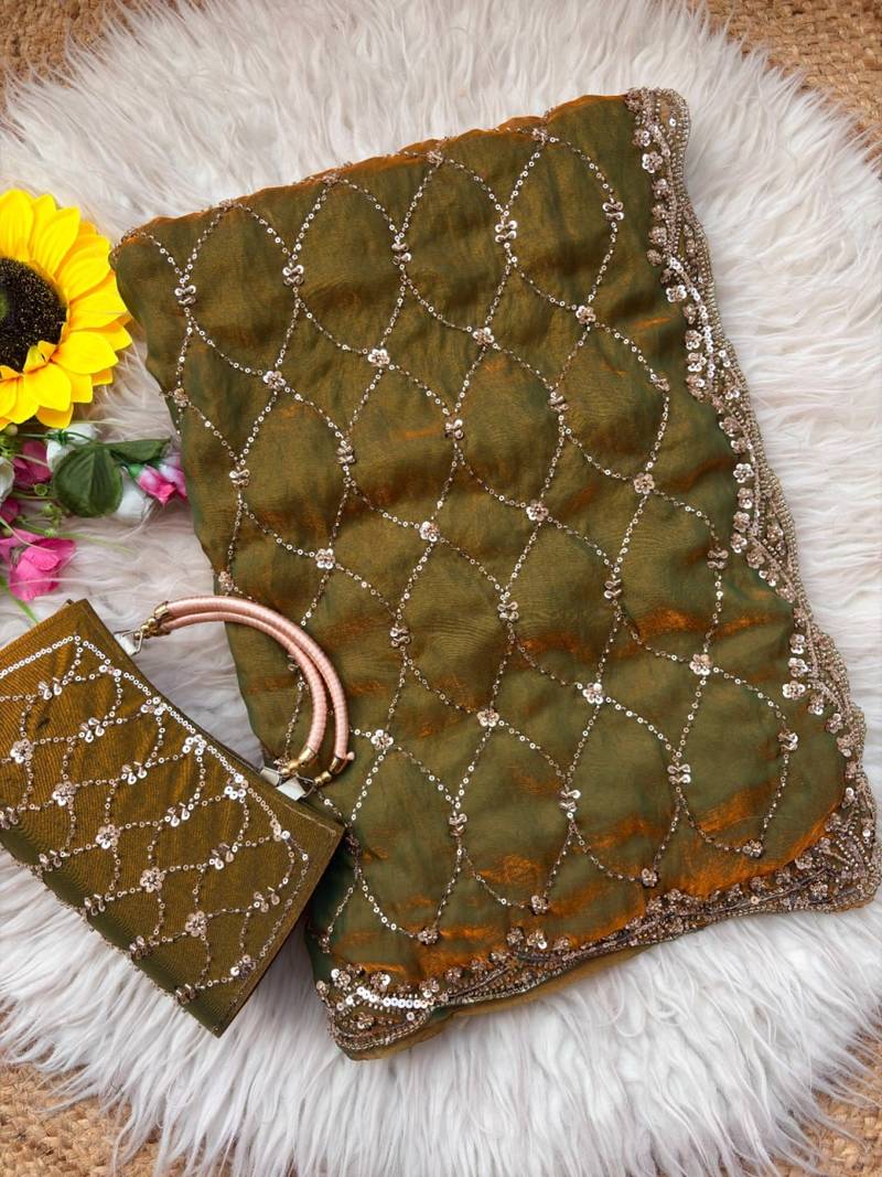 Olive Color Beeds Work Silk Blend Saree