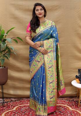 Royal blue paithani silk blend saree with peacock floral border & rani pink blouse 1