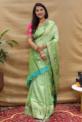 Mint green paithani silk blend saree with peacock floral border & rani pink blouse 2