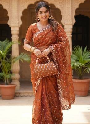 Orange Color Beeds Work Silk Blend Saree 1
