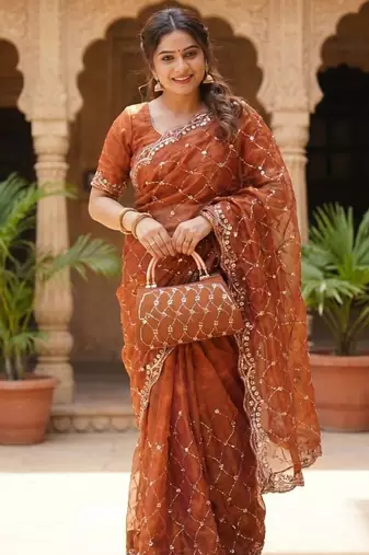 Orange Color Beeds Work Silk Blend Saree