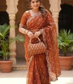 Orange Color Beeds Work Silk Blend Saree