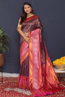 Navy blue banarasi silk blend saree with pink zari border & woven pallu 1