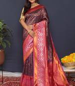 Navy blue banarasi silk blend saree with pink zari border & woven pallu