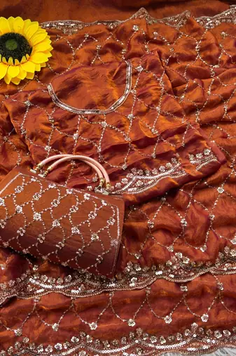 Orange Color Beeds Work Silk Blend Saree