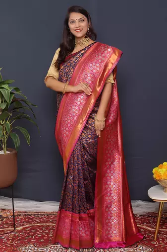 Navy blue banarasi silk blend saree with pink zari border & woven pallu