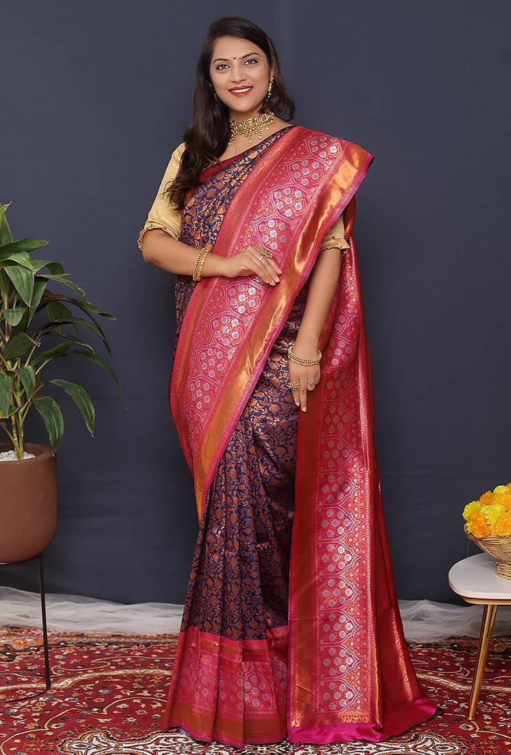 Navy blue banarasi silk blend saree with pink zari border & woven pallu