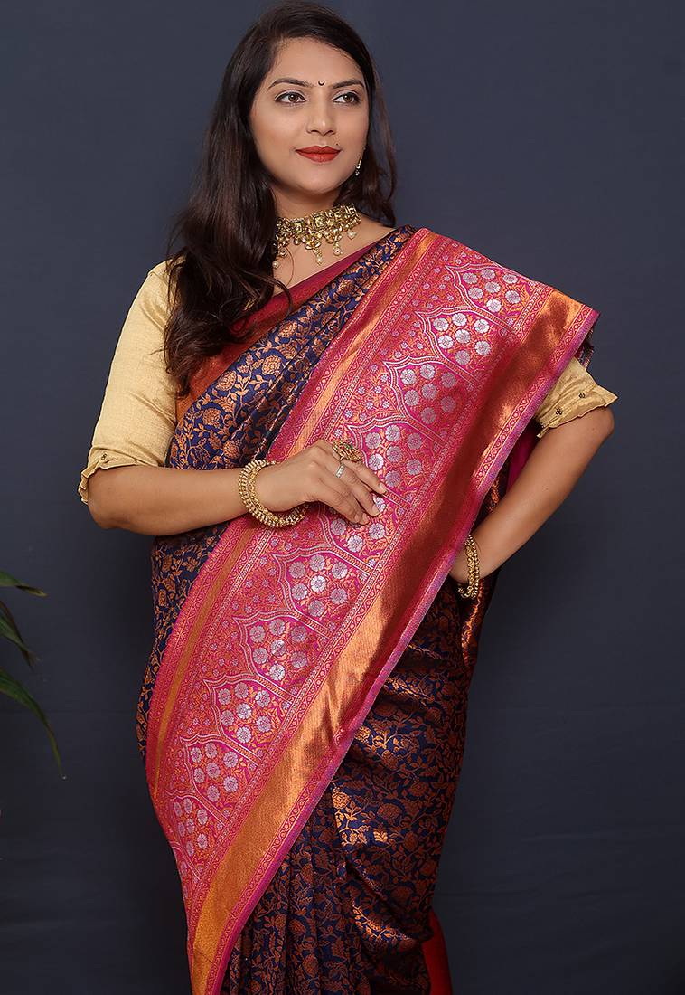 Navy blue banarasi silk blend saree with pink zari border & woven pallu