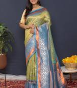 Light green banarasi silk blend saree with sky blue zari border & woven pallu