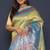 Light green banarasi silk blend saree with sky blue zari border & woven pallu