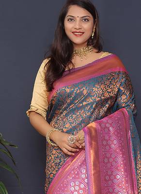 Teal blue banarasi silk blend saree with pink zari border & woven pallu 1