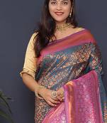 Teal blue banarasi silk blend saree with pink zari border & woven pallu