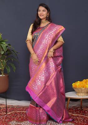Teal blue banarasi silk blend saree with pink zari border & woven pallu 2