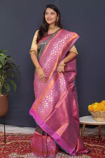 Teal blue banarasi silk blend saree with pink zari border & woven pallu