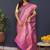 Teal blue banarasi silk blend saree with pink zari border & woven pallu