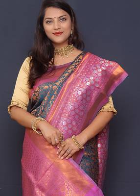 Teal blue banarasi silk blend saree with pink zari border & woven pallu 4