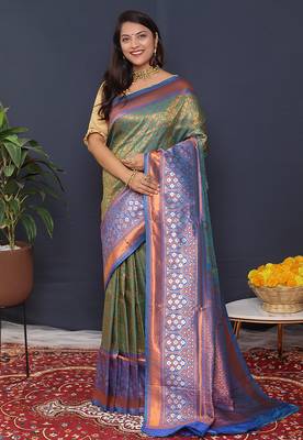 Olive green banarasi silk blend saree with blue zari border & woven pallu 1