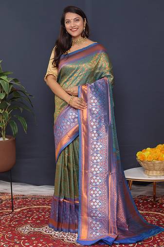 Olive green banarasi silk blend saree with blue zari border & woven pallu